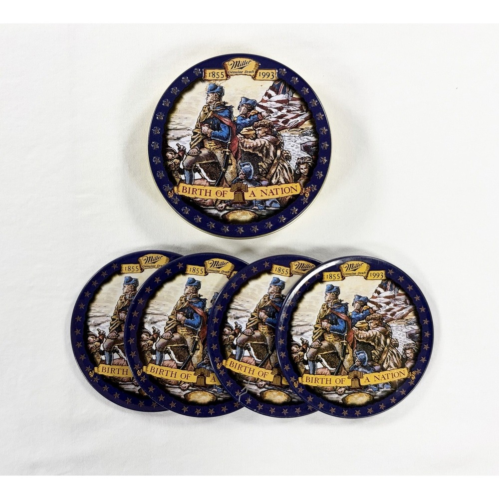Vintage 1993 Miller Genuine Draft Beer Coasters Set 4 Tin Birth Of A Nation MGD